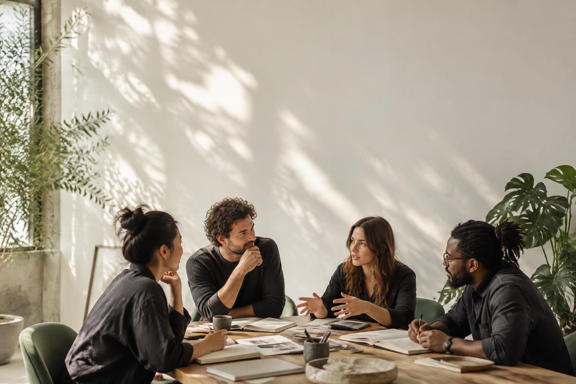 Illustrative editorial scene of creative professionals sharing ideas around a table