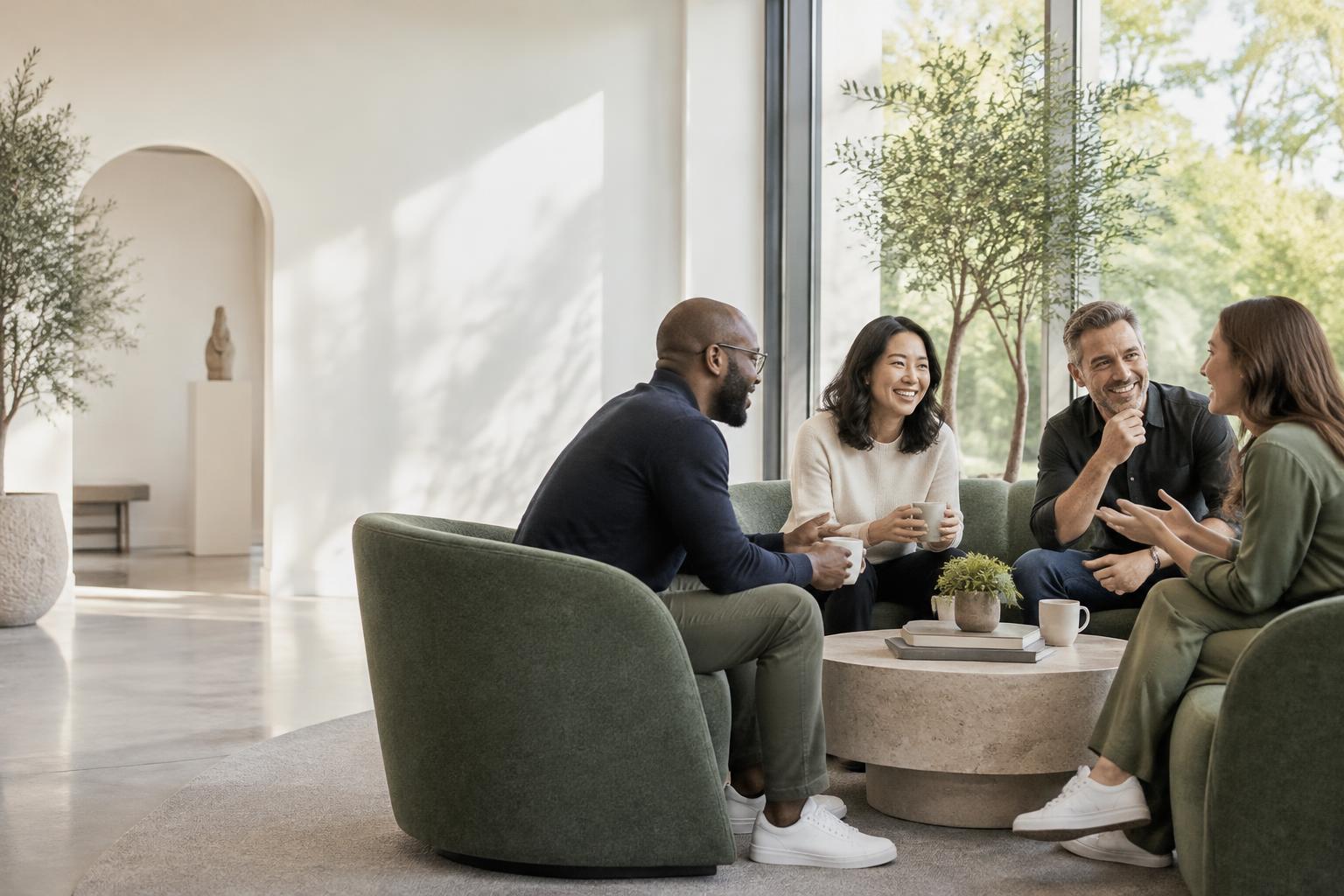 An illustrative gathering of people sharing a relaxed conversation