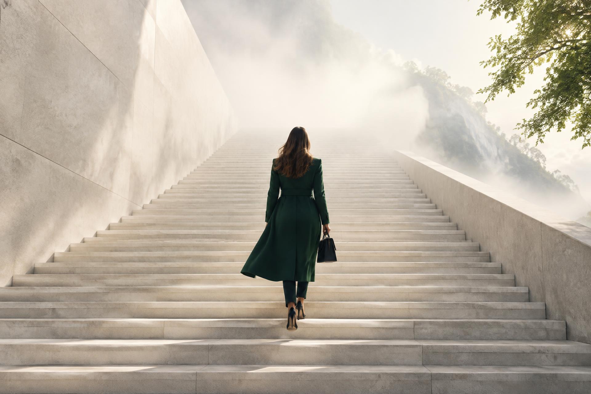 Illustrative woman moving toward daylight on a staircase