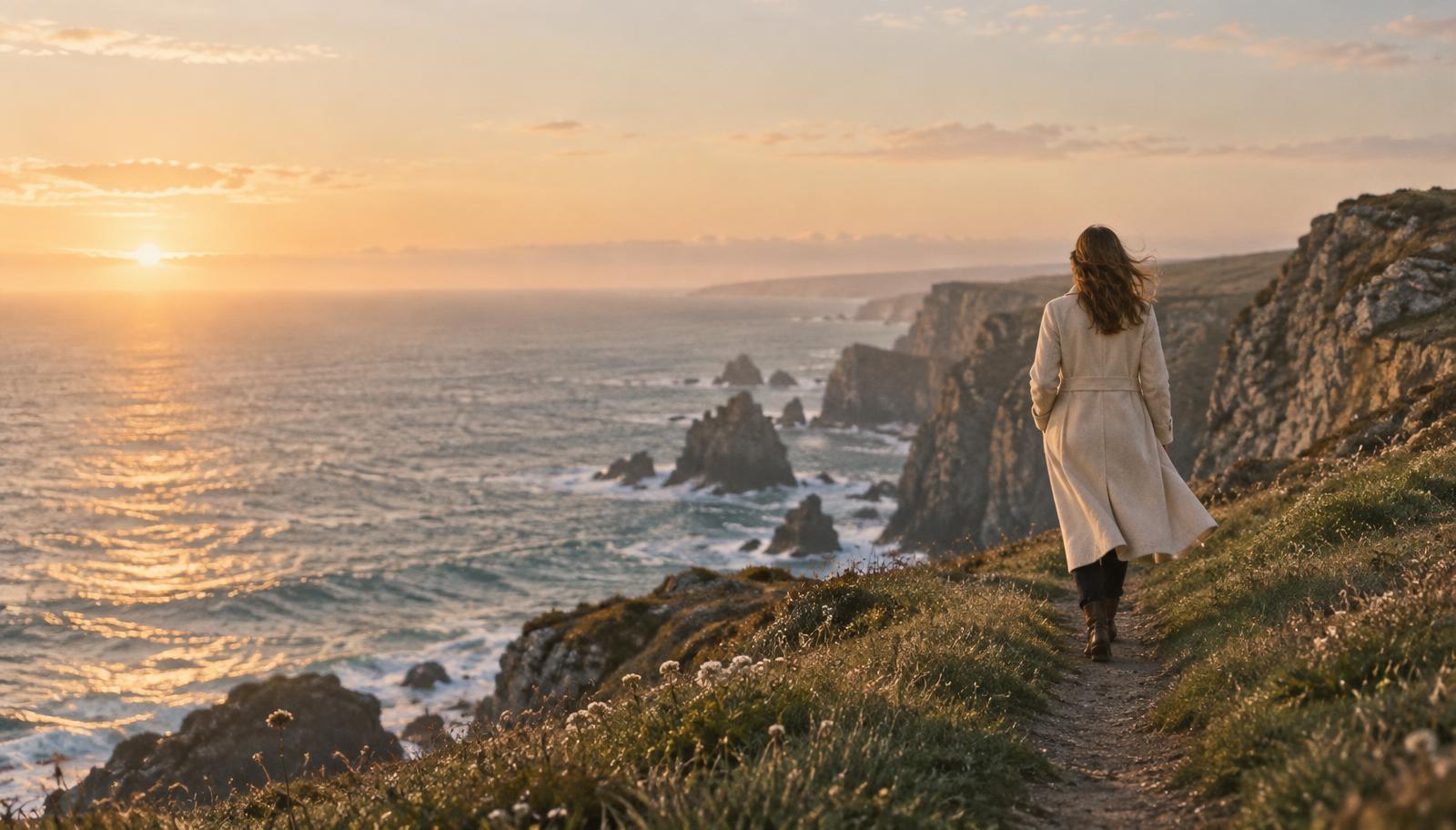 A woman in a cream coat walking along a grassy ocean cliff path toward the open horizon at golden hour