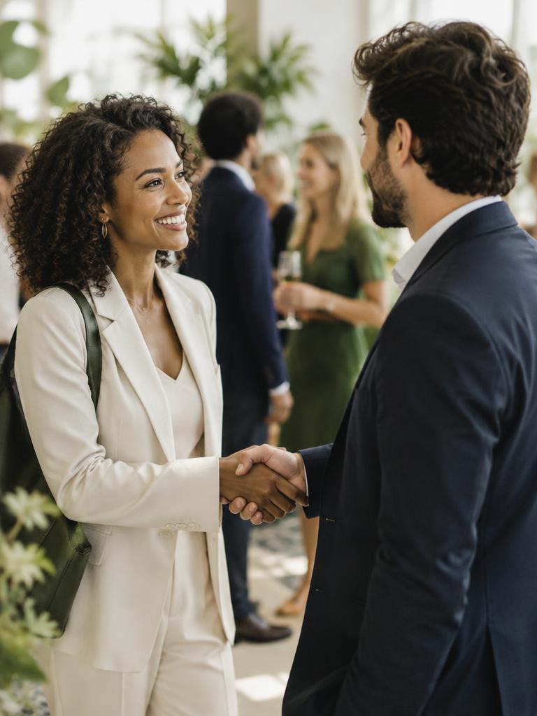 Two professionals shaking hands at a gathering